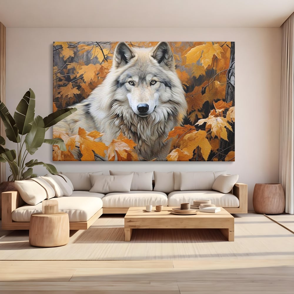 Tablou canvas cu tablou canvas cu lup in toamna, fara rama, pe sasiu de lemn, pe perete intr-un living